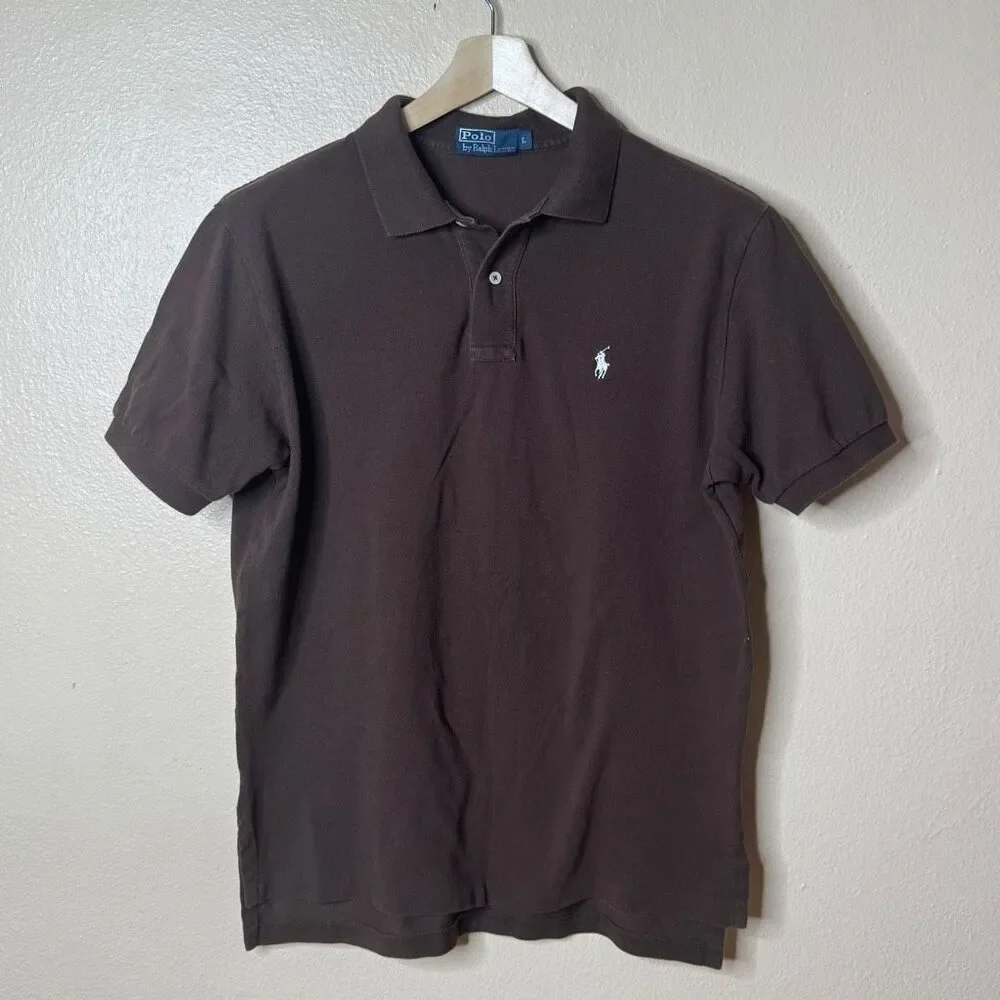 Polo Ralph Lauren Shirt Mens L Brown Mesh Polo Short Sleeve White Pony Faded